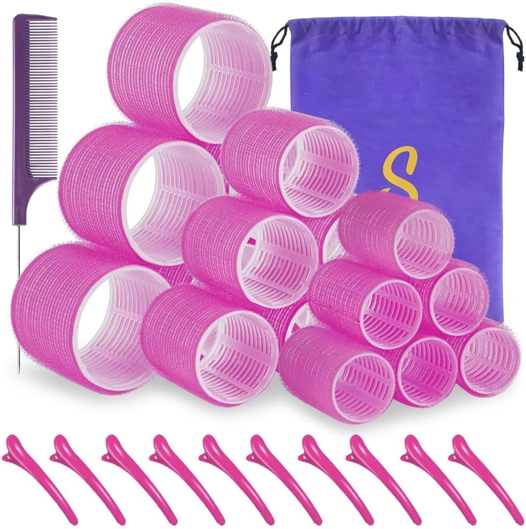Sungenol self grip hair roller set front view showing eighteen pieces of rose red rollers