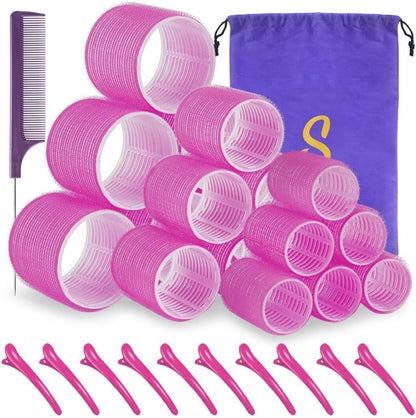 Sungenol self grip hair roller set front view showing eighteen pieces of rose red rollers