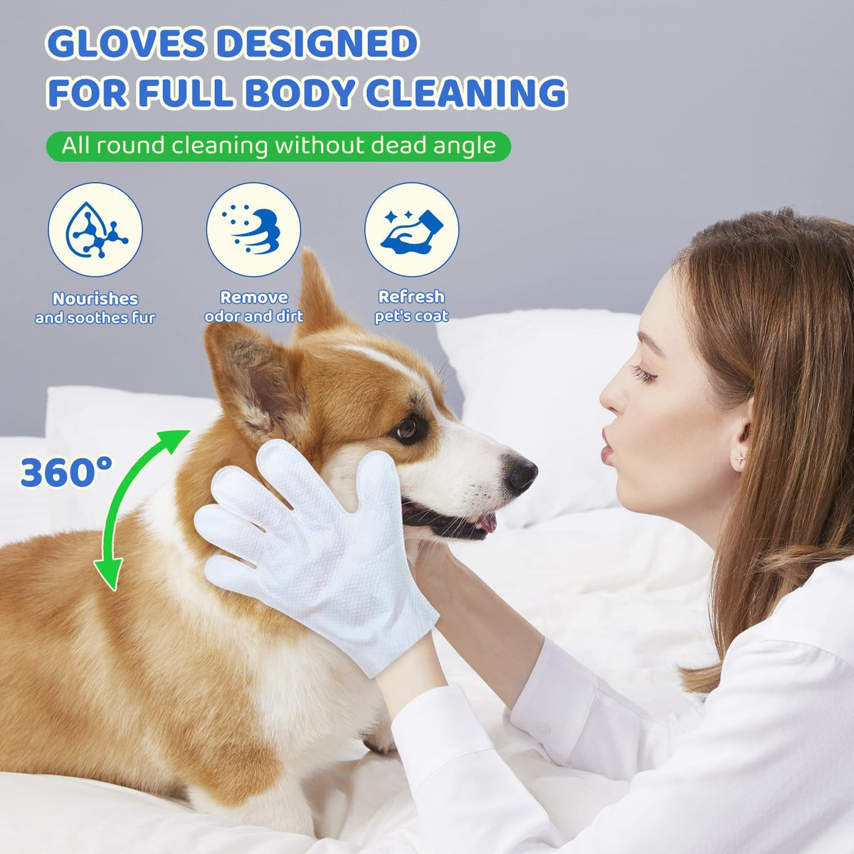 Individually sealed travel friendly pack of pet deodorizing glove wipes