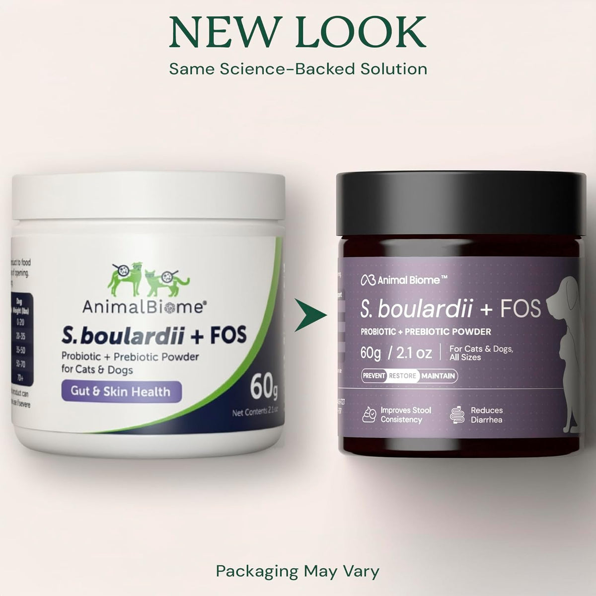 AnimalBiome pet digestive supplement powder packaging displaying ingredients and scoop count