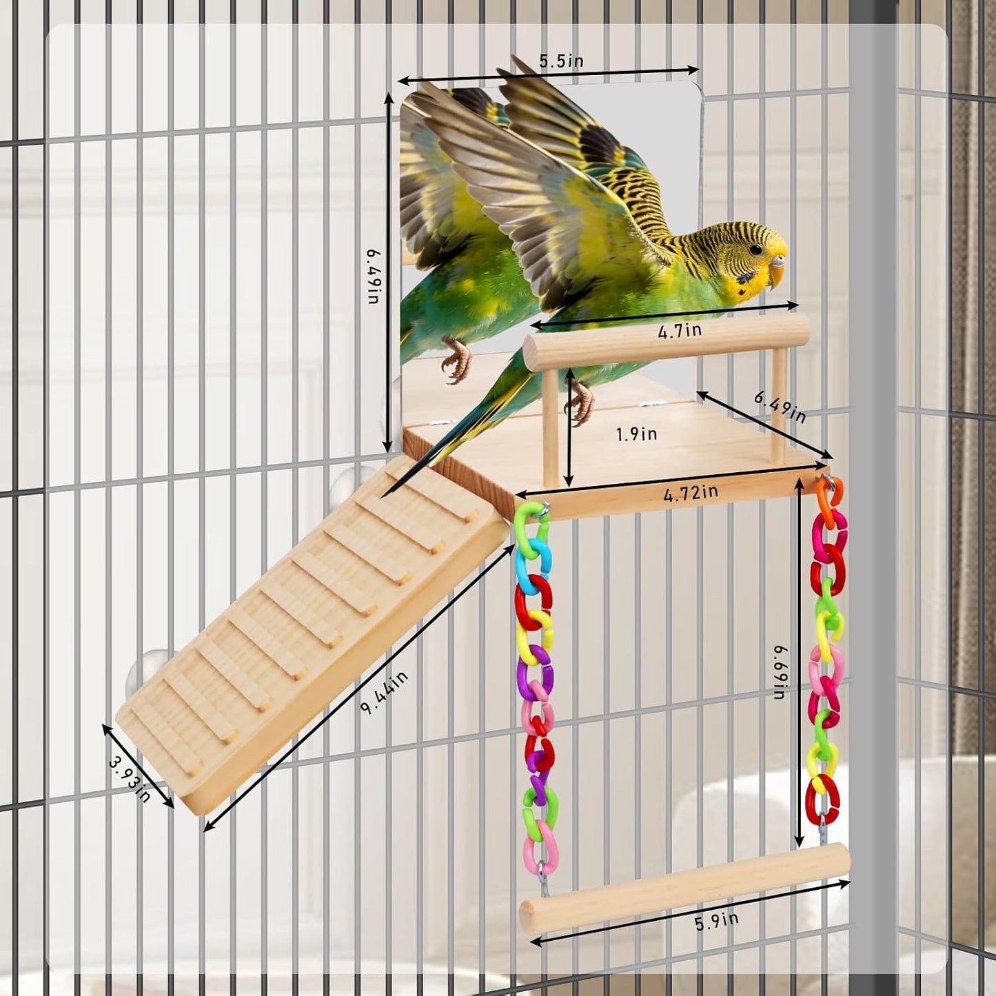Natural pine wood parrot play stand with climbing ladder accessory.