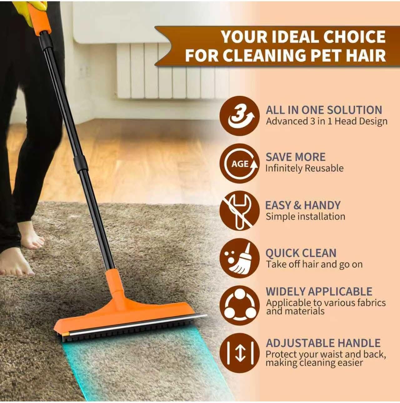 Side profile of orange pet hair remover broom