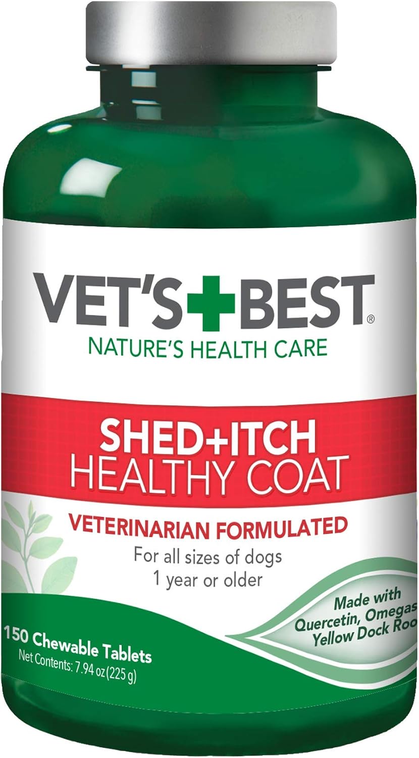 Vet's Best healthy coat dog supplements bottle with natural ingredients text