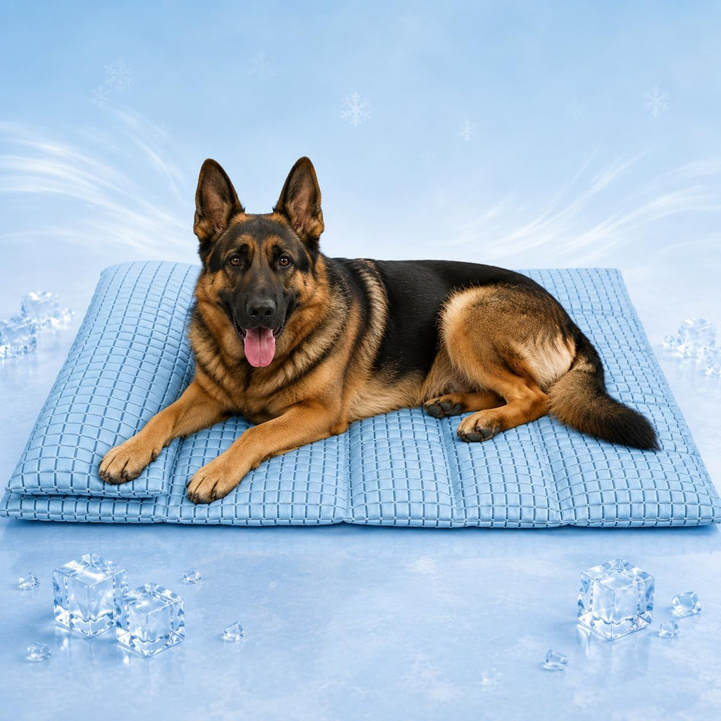 GOLOPET Large Dog Cooling Mat front view featuring the blue polymer ice silk fabric and built-in pillow