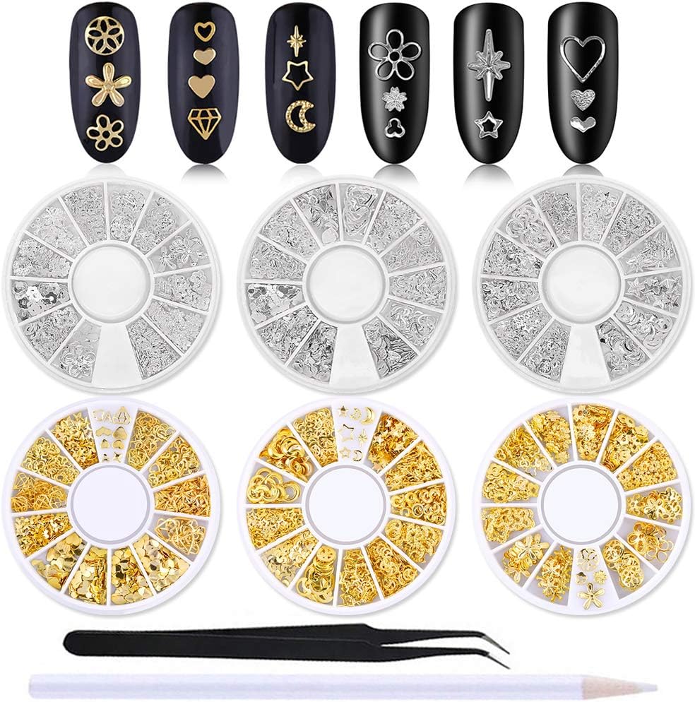 WOKOTO 6 Boxes Hollow Nail Art Studs Set front packaging view showing six compartments of gold and silver shapes.