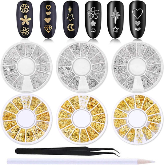 WOKOTO 6 Boxes Hollow Nail Art Studs Set front packaging view showing six compartments of gold and silver shapes.
