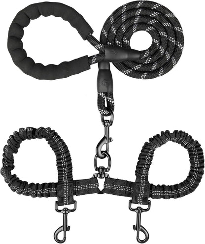 MingXpets double dog leash front view showing black heavy duty dual straps