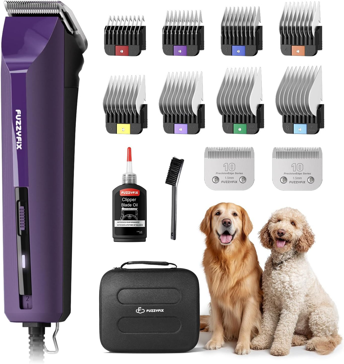 Complete FuzzyFix AmpFix dog grooming clipper set with all accessories