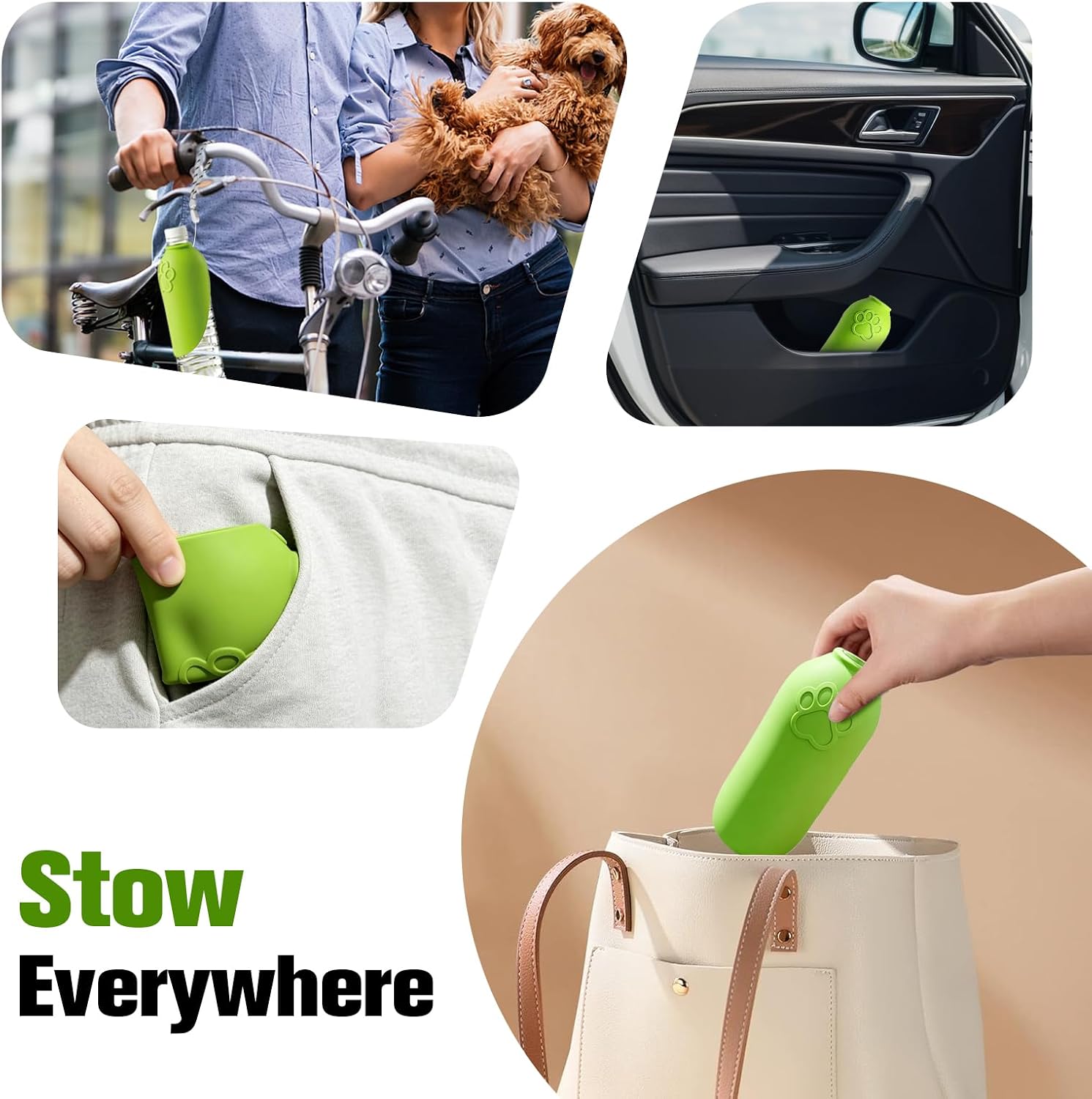 A dog drinking comfortably from the Yonisole green leaf water bottle attachment during a walk.