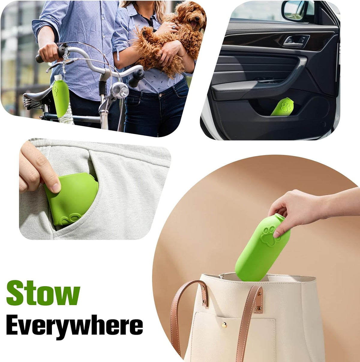 A dog drinking comfortably from the Yonisole green leaf water bottle attachment during a walk.