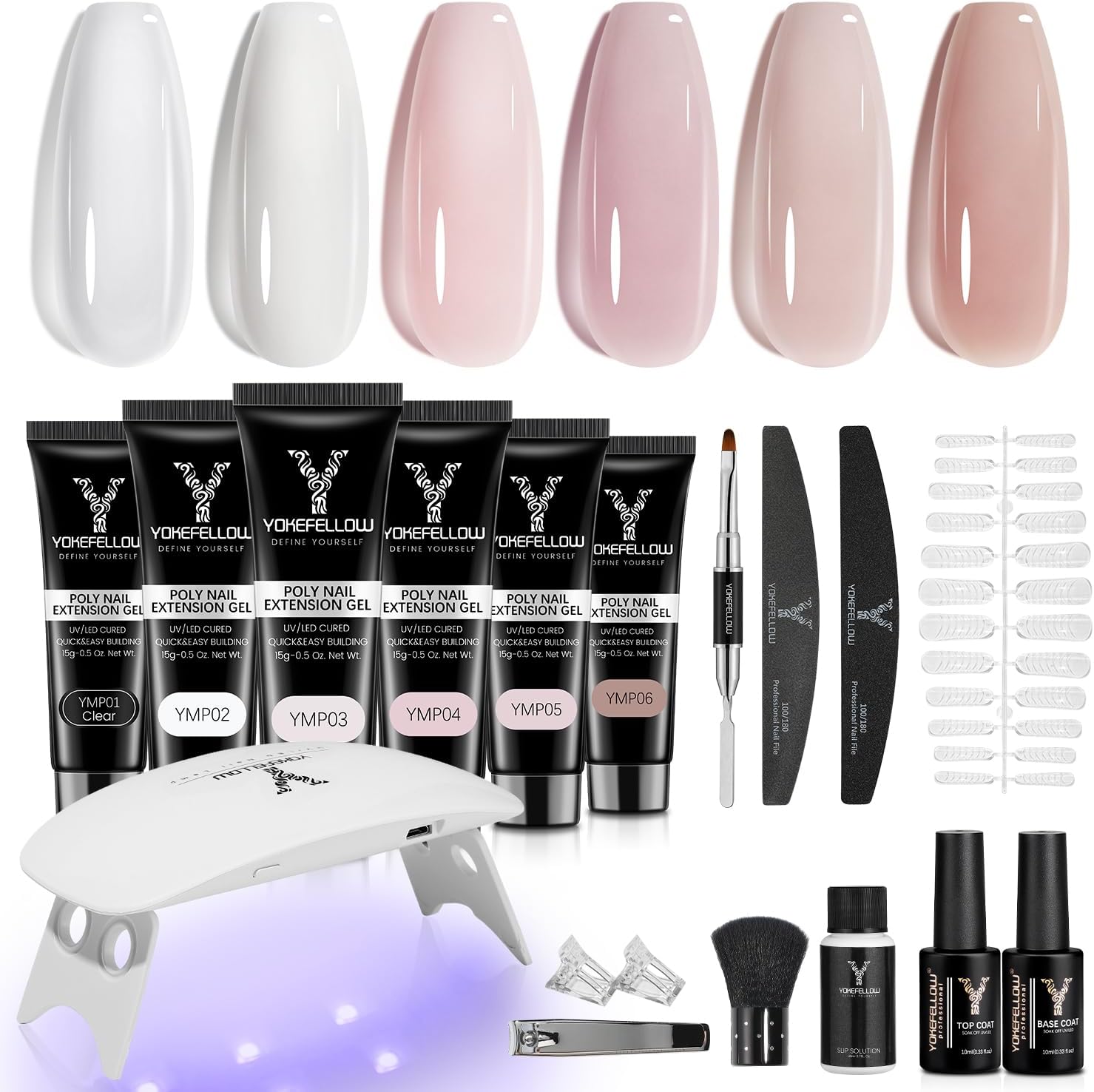 Yoke Fellow poly gel nail kit with UV light and 6 gel tubes front view