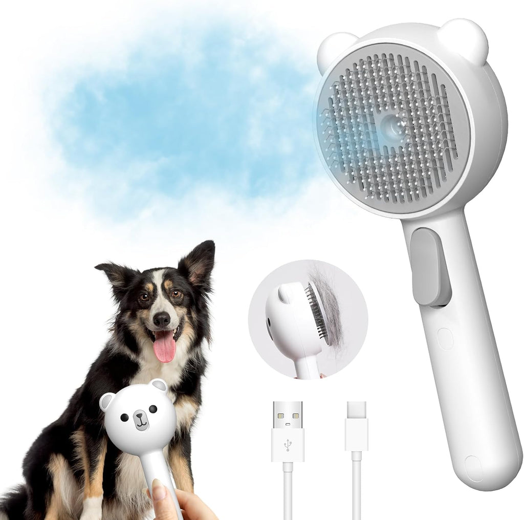 Generic 3-in-1 steamy cat and dog grooming brush white front view