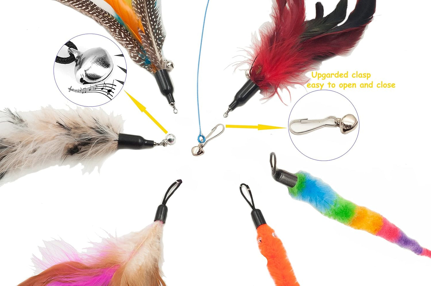 Six interchangeable replacement attachments featuring fluffy feathers, squiggly worms, and tassels for cat wands.
