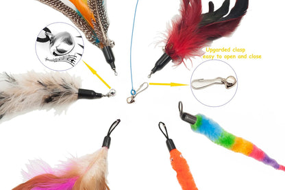 Six interchangeable replacement attachments featuring fluffy feathers, squiggly worms, and tassels for cat wands.