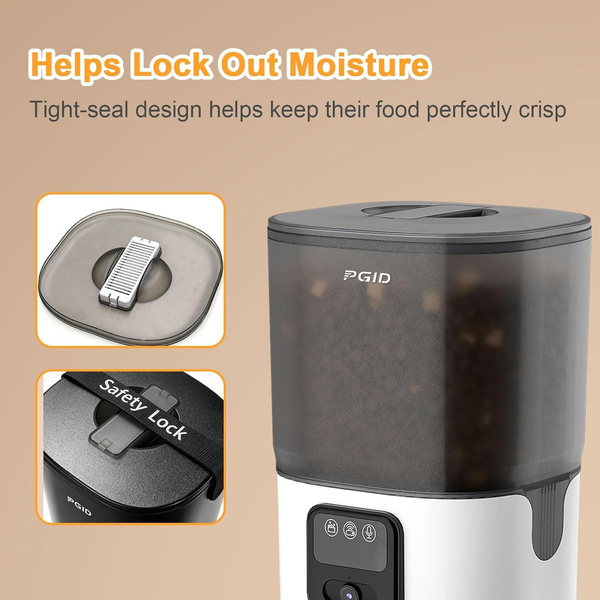 Dual power supply automatic pet feeder with battery backup compartment open.