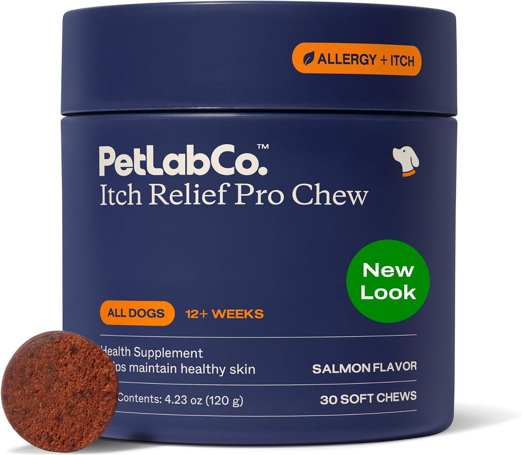 Authentic imported PetLab Co dog chews container displaying product size and flavor profile.