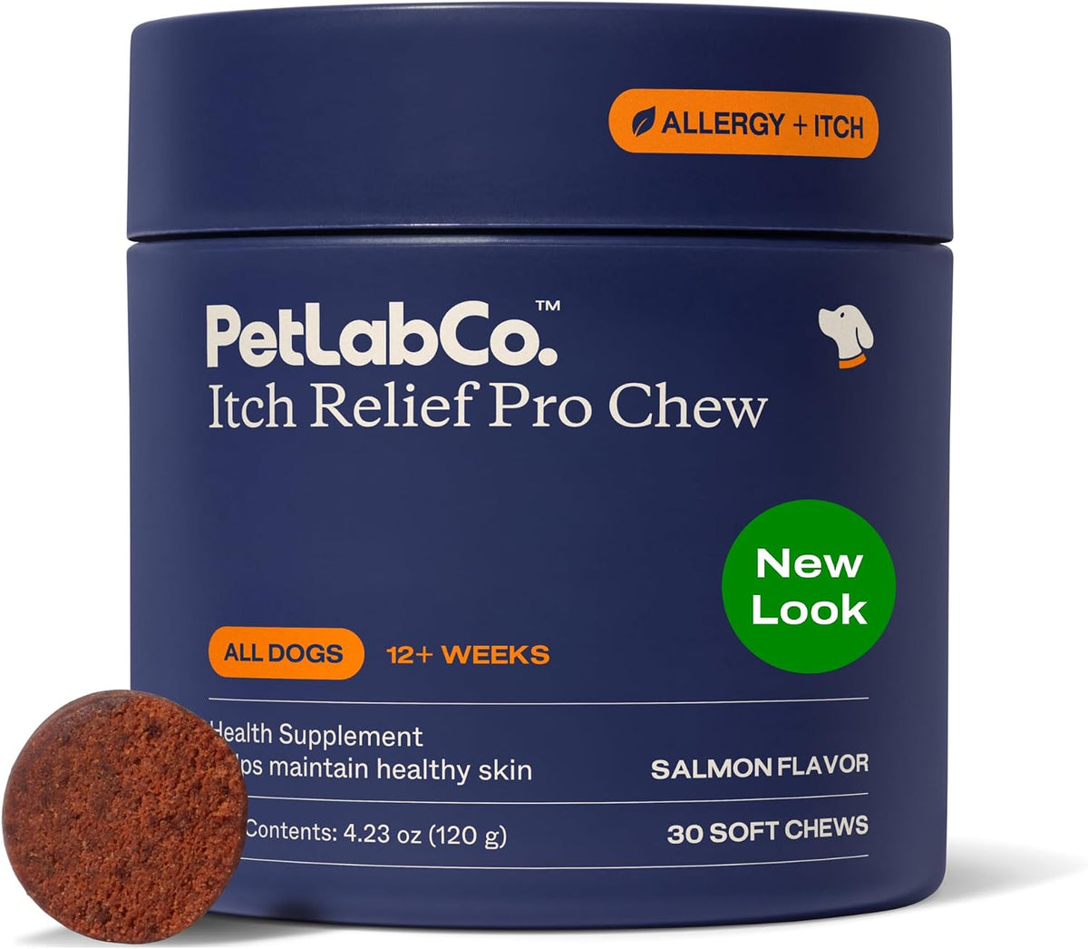 Authentic imported PetLab Co dog chews container displaying product size and flavor profile.