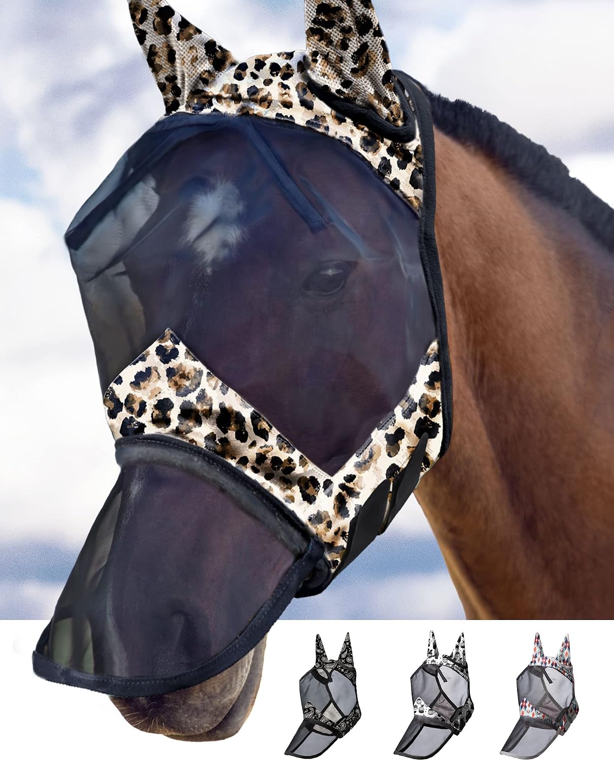 Harrison Howard LumiVista Horse Fly Mask Long Nose with Ears UV Protection for Horse Leopard Print M Cob - Image 1