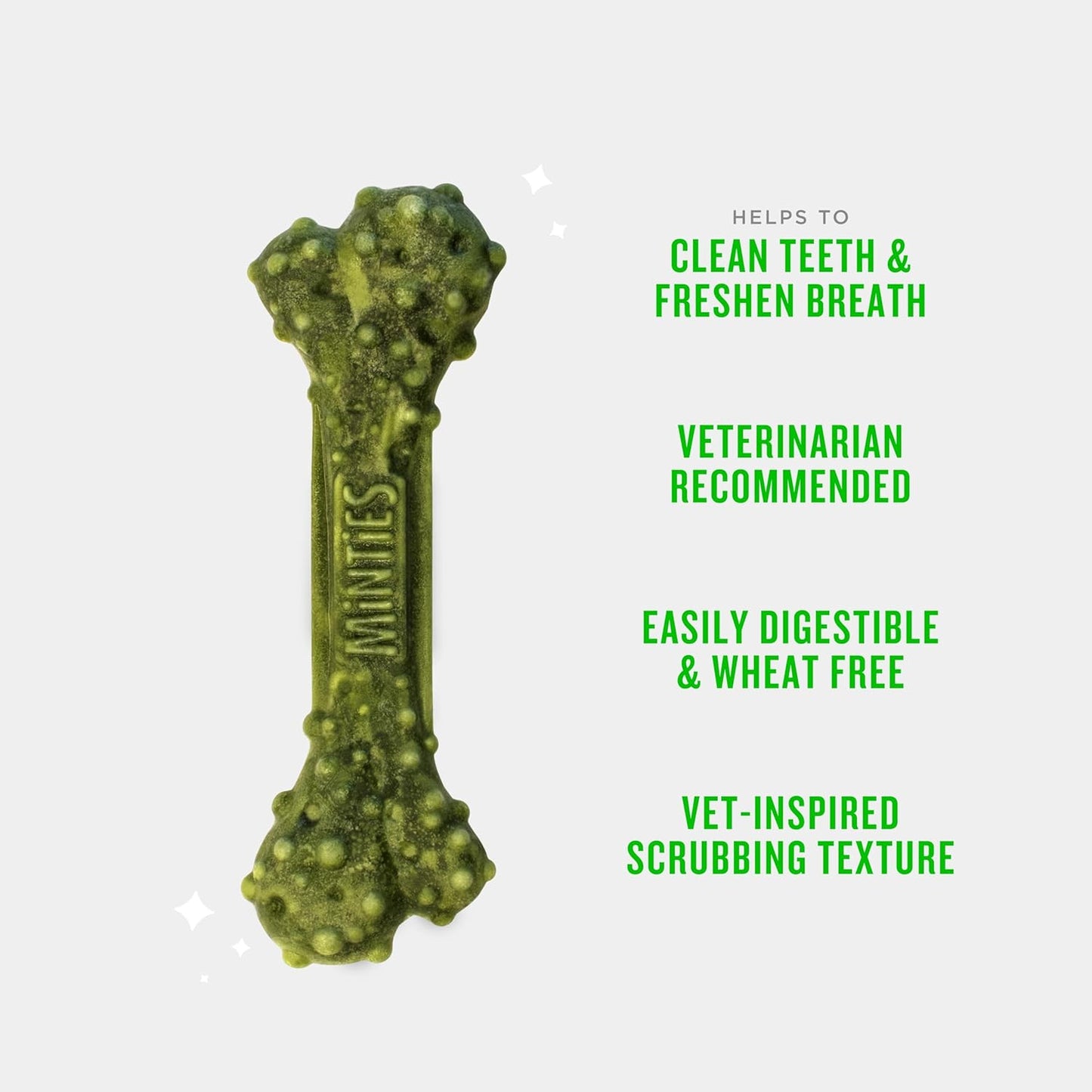 USA imported Minties fresh breath dog treats for medium sized pets displaying texture