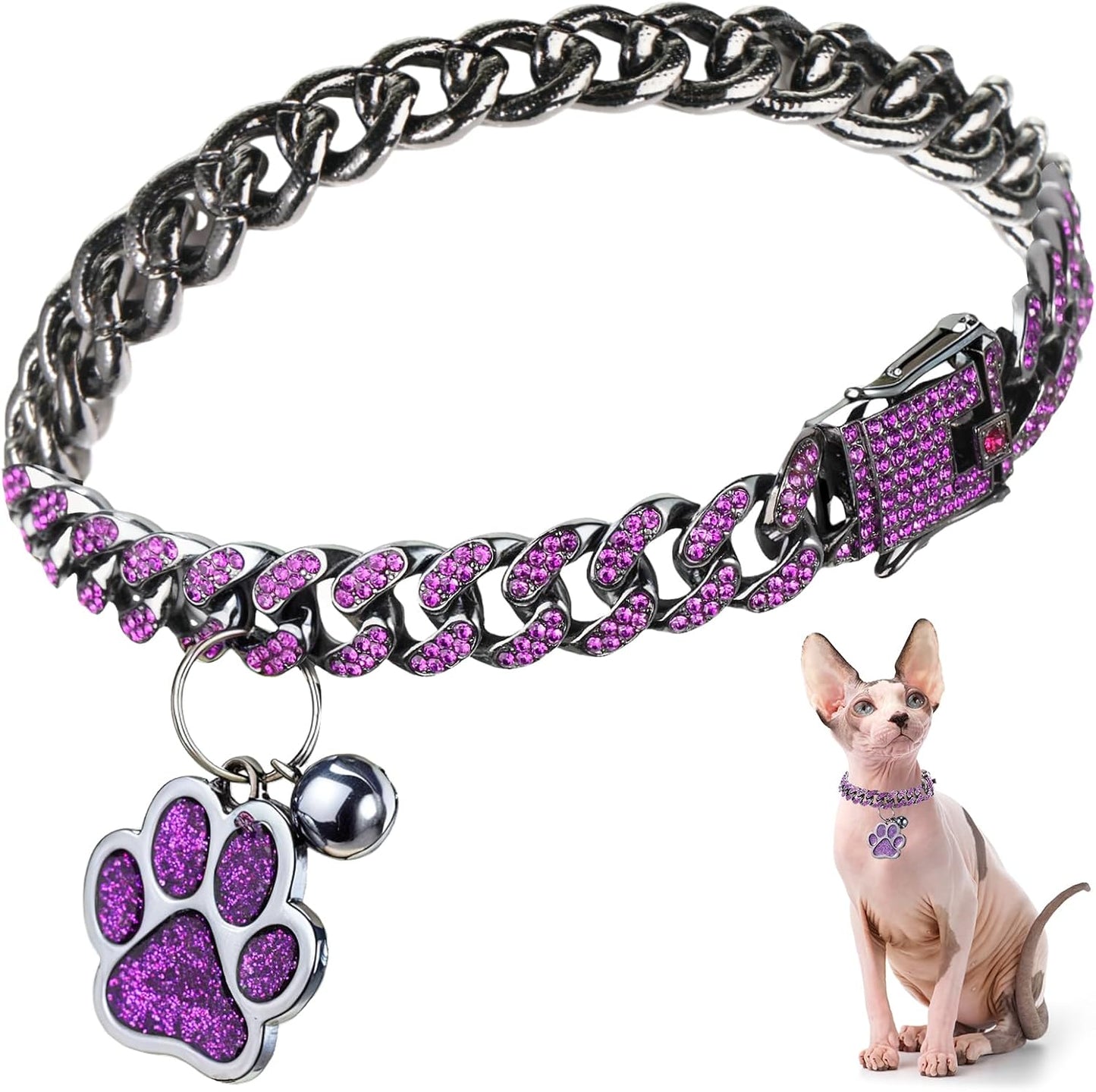 Hillban 10 inch gold pet Cuban necklace highlighting the glittering diamond elements from a top angle.