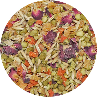 Premium herbivore treat blend with dried rose petals and buds for chinchillas