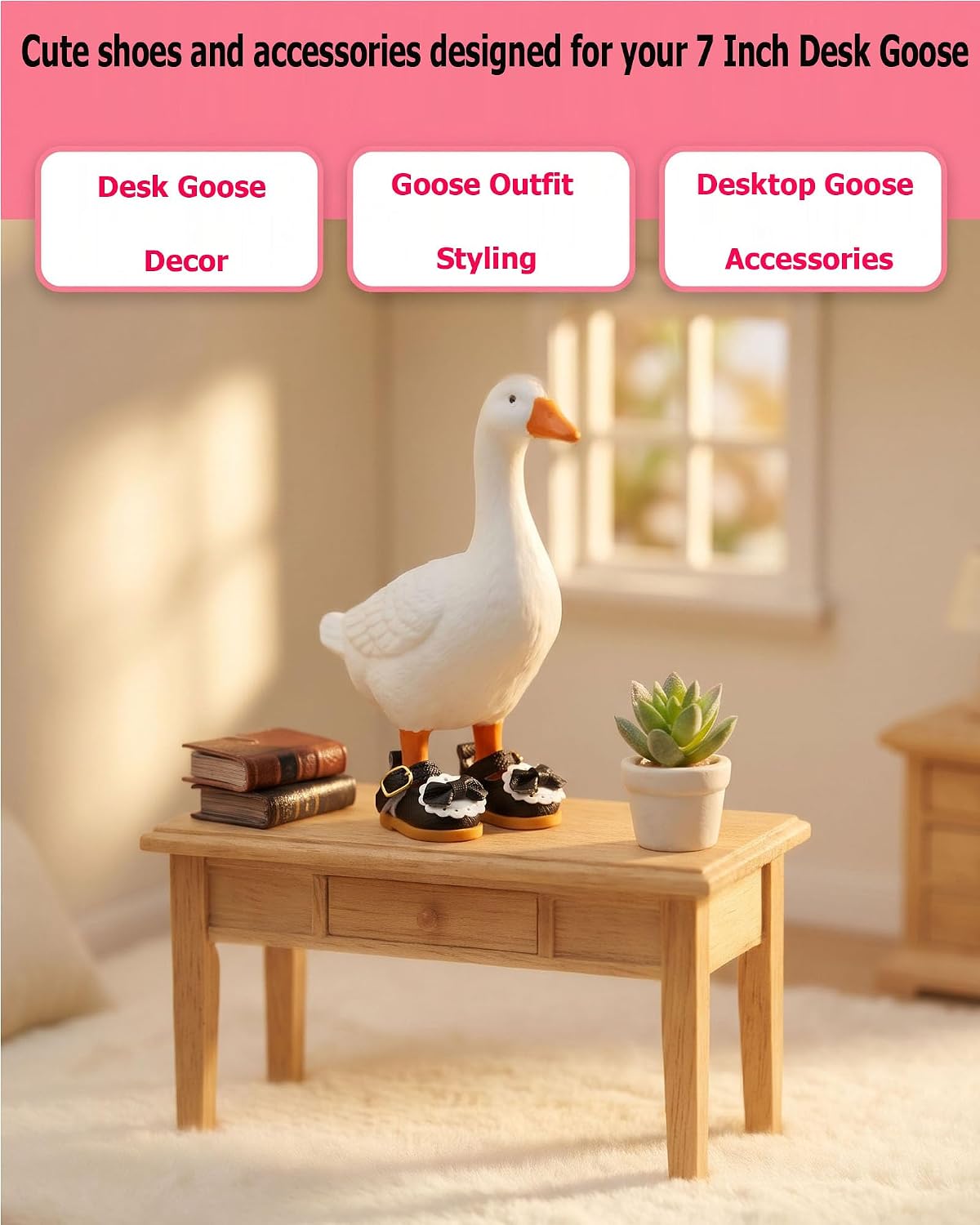 Side angle view of the pink princess style doll shoes designed perfectly for seven inch desk decorations.