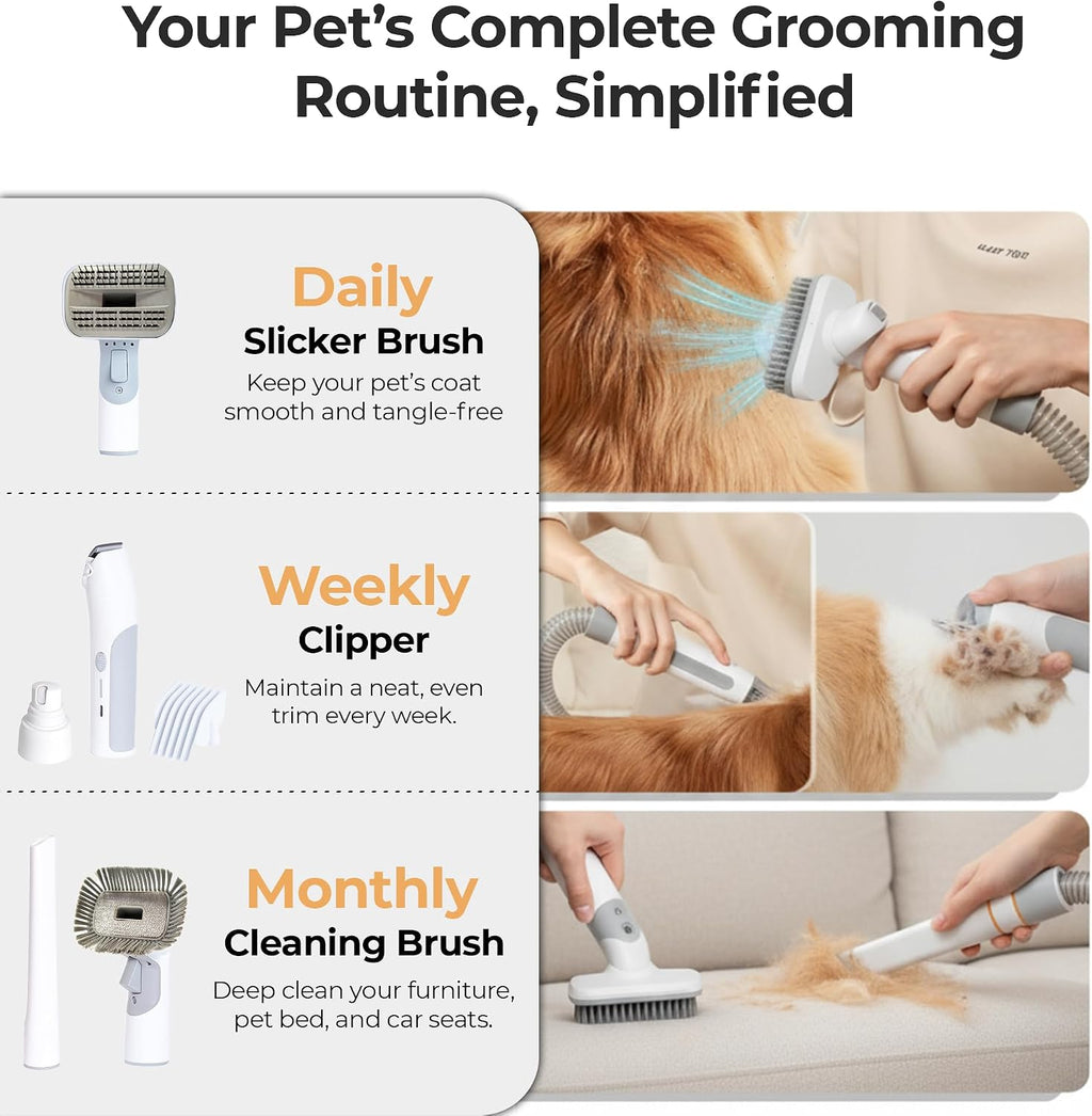 Larkon pet hair vacuum cleaner with all five grooming accessories organized neatly.