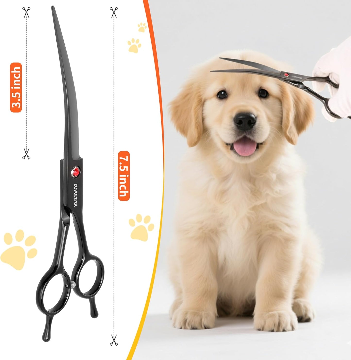 Topgoose 7.5 inch curved dog shear resting on a clean grooming table surface.