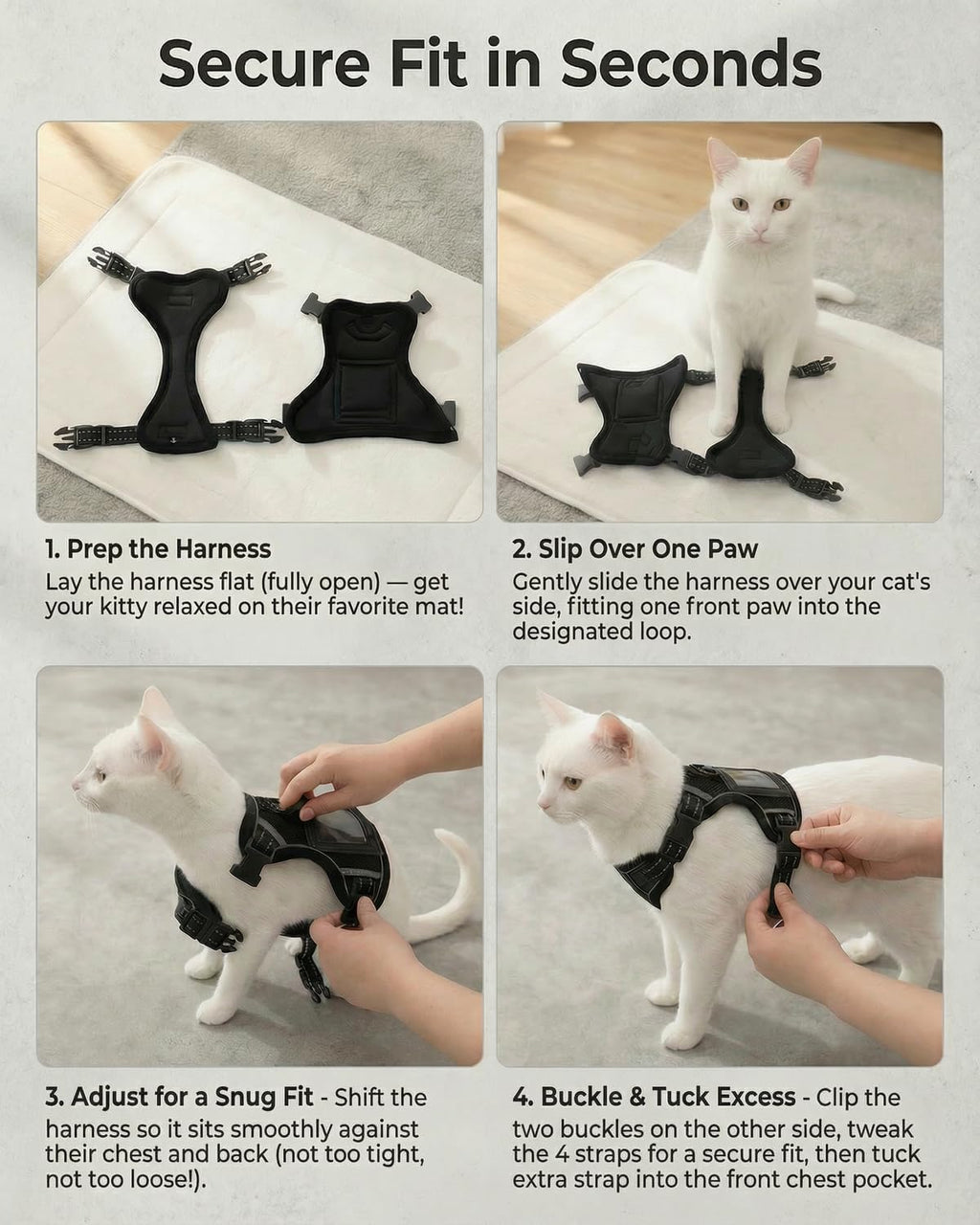 Luxelle black escape proof vest harness on an adult cat