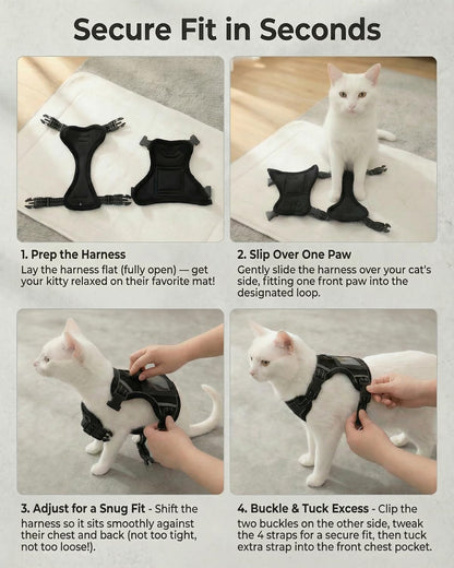 Luxelle black escape proof vest harness on an adult cat