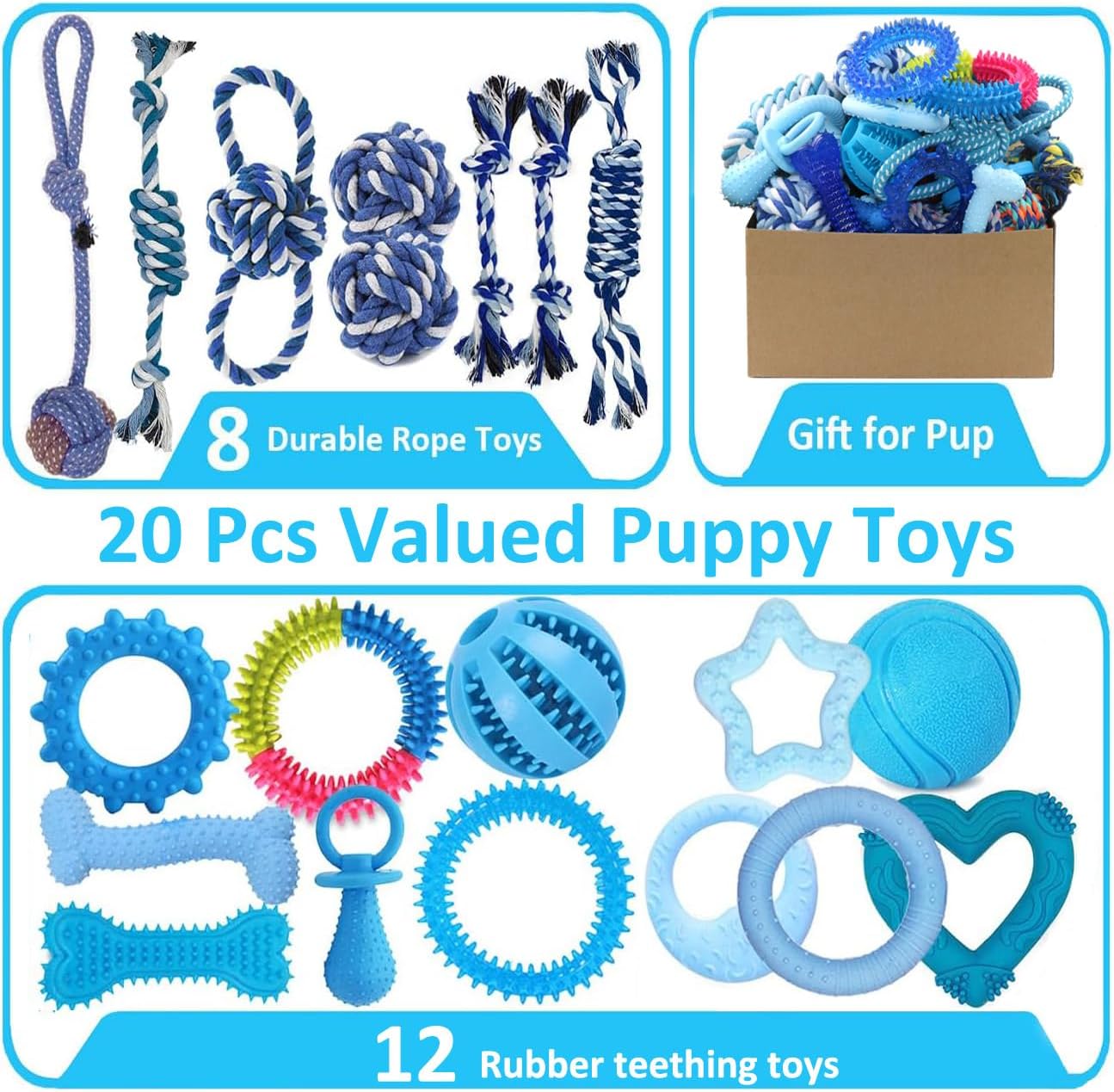 Assorted blue puppy teething rings and rope toys