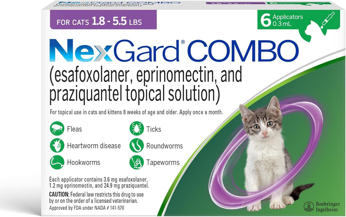 NexGard(R) Combo (esafoxolaner, eprinomectin, and praziquantel Topical Solution) Flea and Tick Protection Plus Heartworm Disease Preventive for Cats, 5.6-16.5 lbs. (Yellow Box) 6 Doses (6 Month Supply) - Image 10