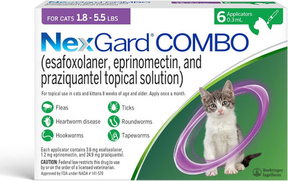 NexGard(R) Combo (esafoxolaner, eprinomectin, and praziquantel Topical Solution) Flea and Tick Protection Plus Heartworm Disease Preventive for Cats, 5.6-16.5 lbs. (Yellow Box) 6 Doses (6 Month Supply) - Image 10