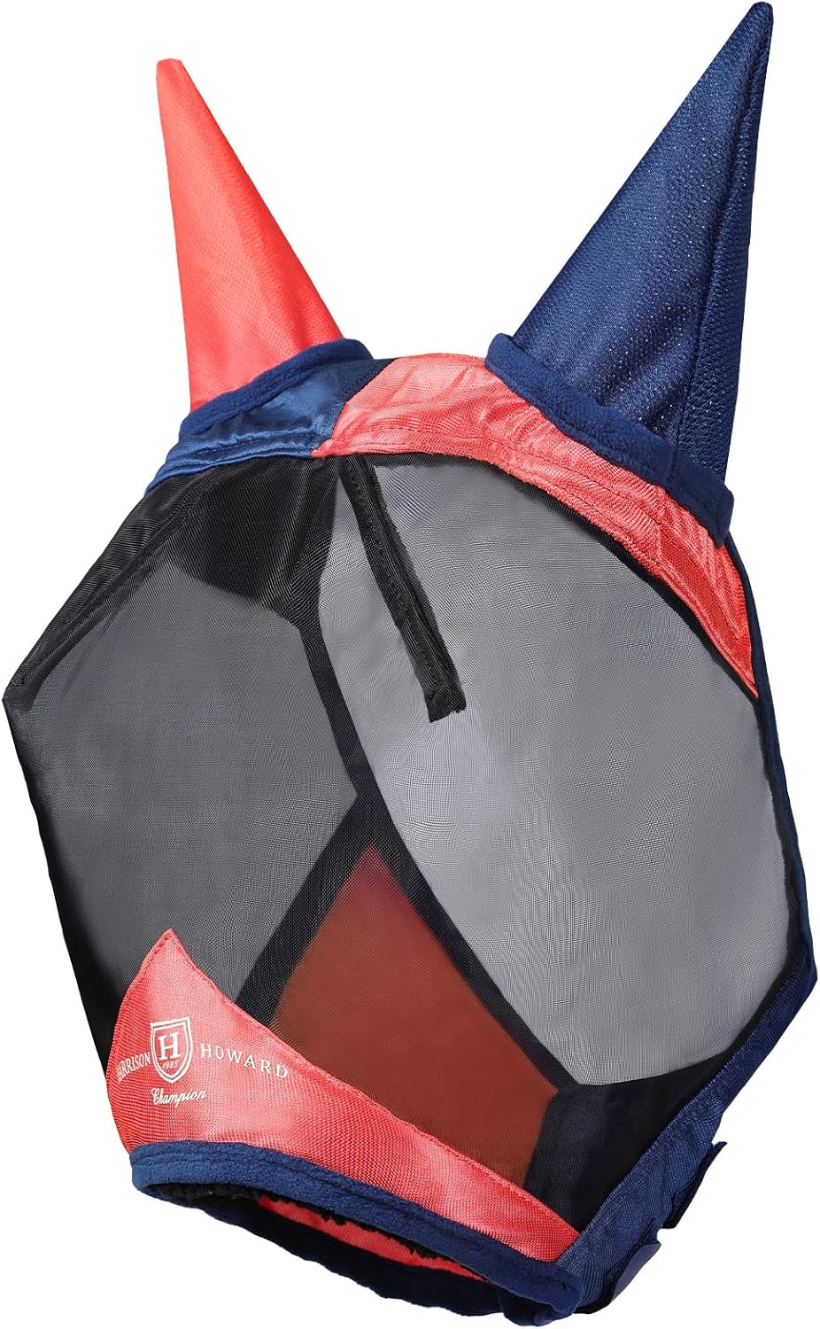 Side profile of Harrison Howard fly mask showing ear and eye protection