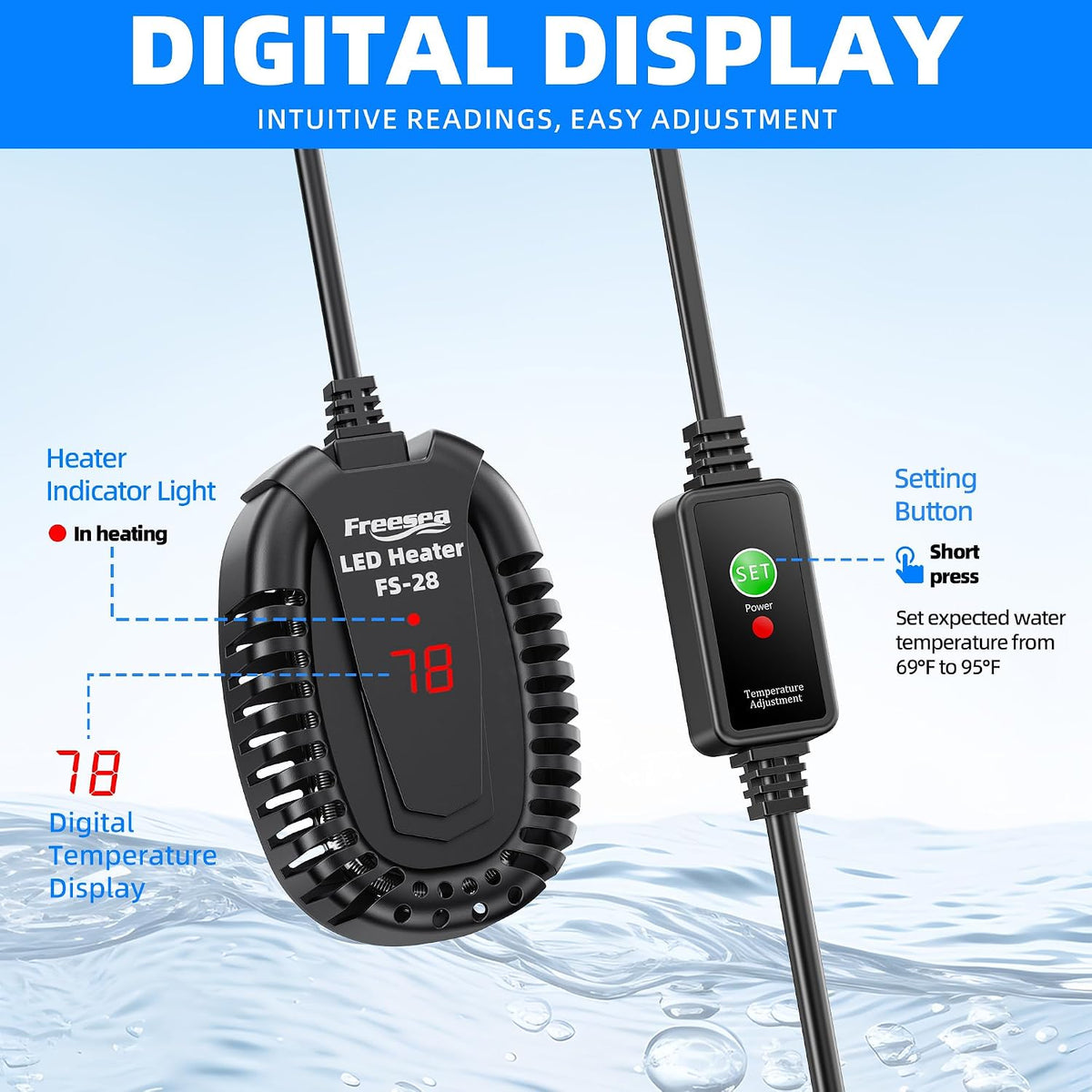 Freesea 50 watt submersible fish tank heater showing protective plastic safety guard