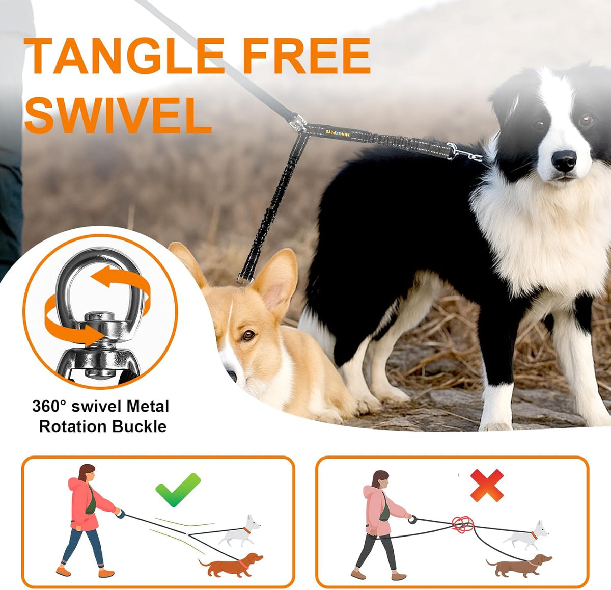 Three sixty degree swivel metal splitter on double dog training lead