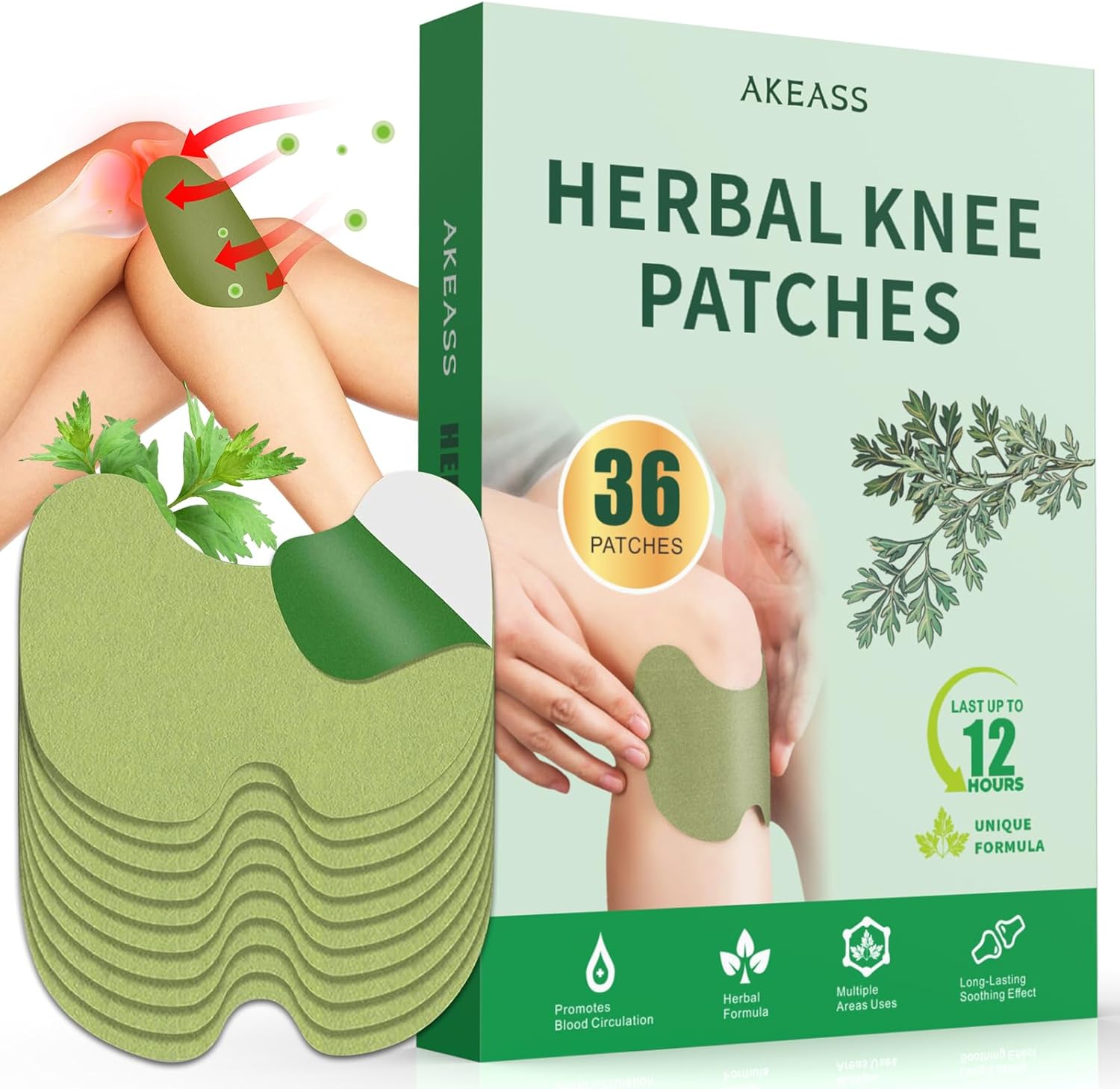 AKEASS herbal knee patches packaging box front view showing thirty six count heating stickers for joint pain relief.