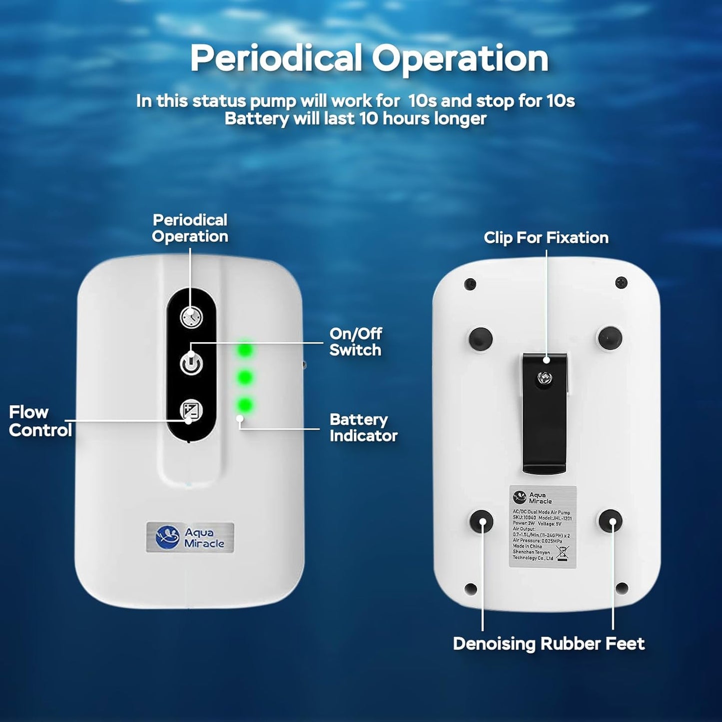 Side view of AquaMiracle fish tank air pump showing airflow control buttons