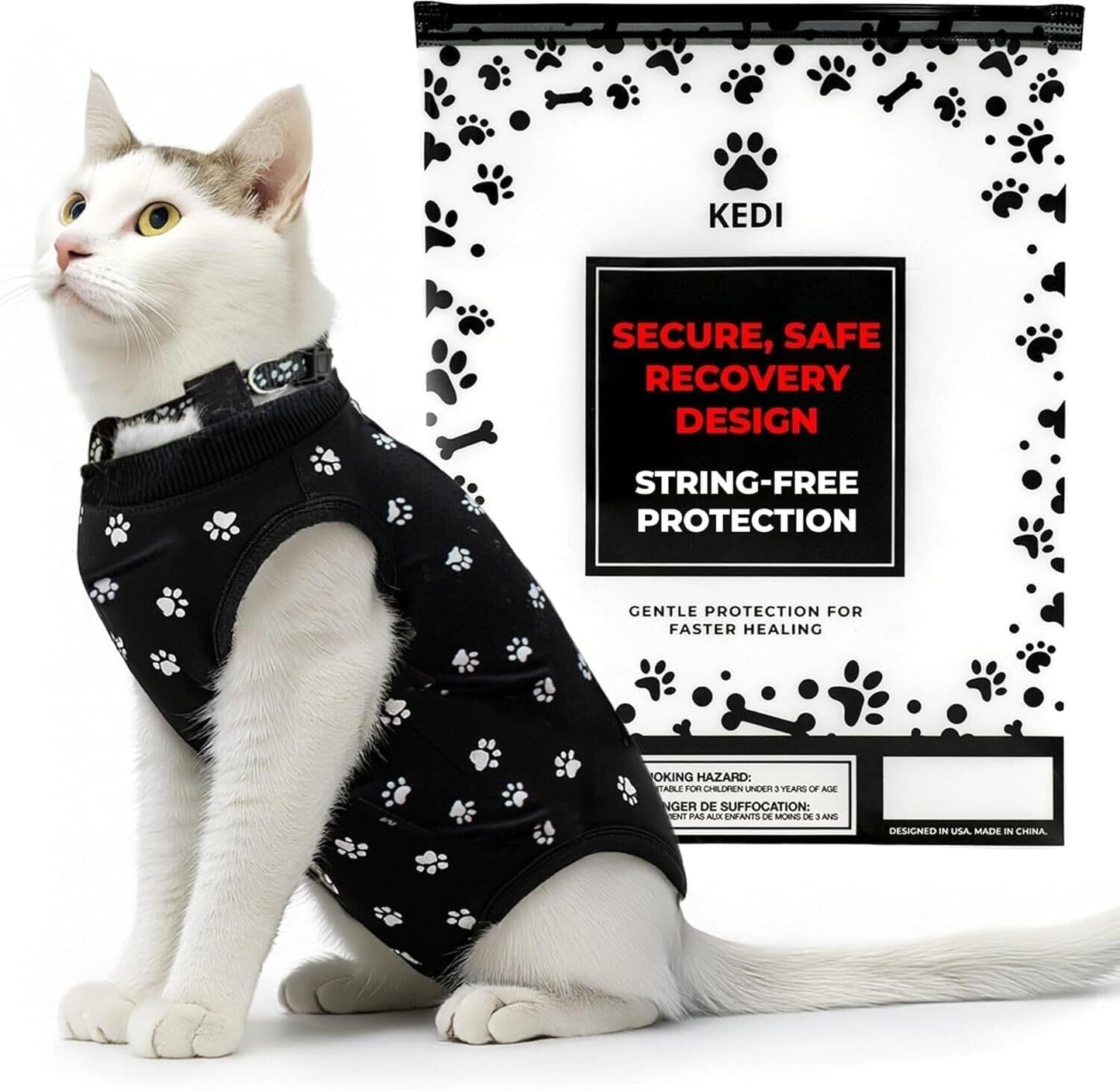Kedi Cats Solutions cat surgery recovery suit front view on a feline.