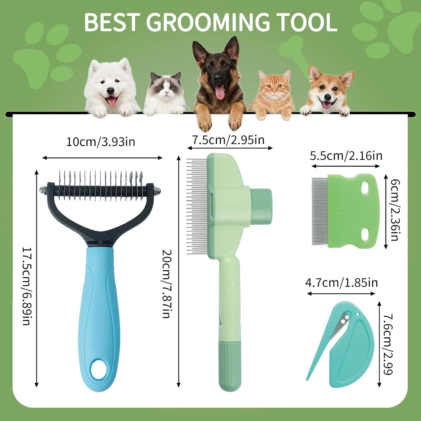 Double-sided stainless steel dematting rake with blue ergonomic non-slip handle for dogs and cats.