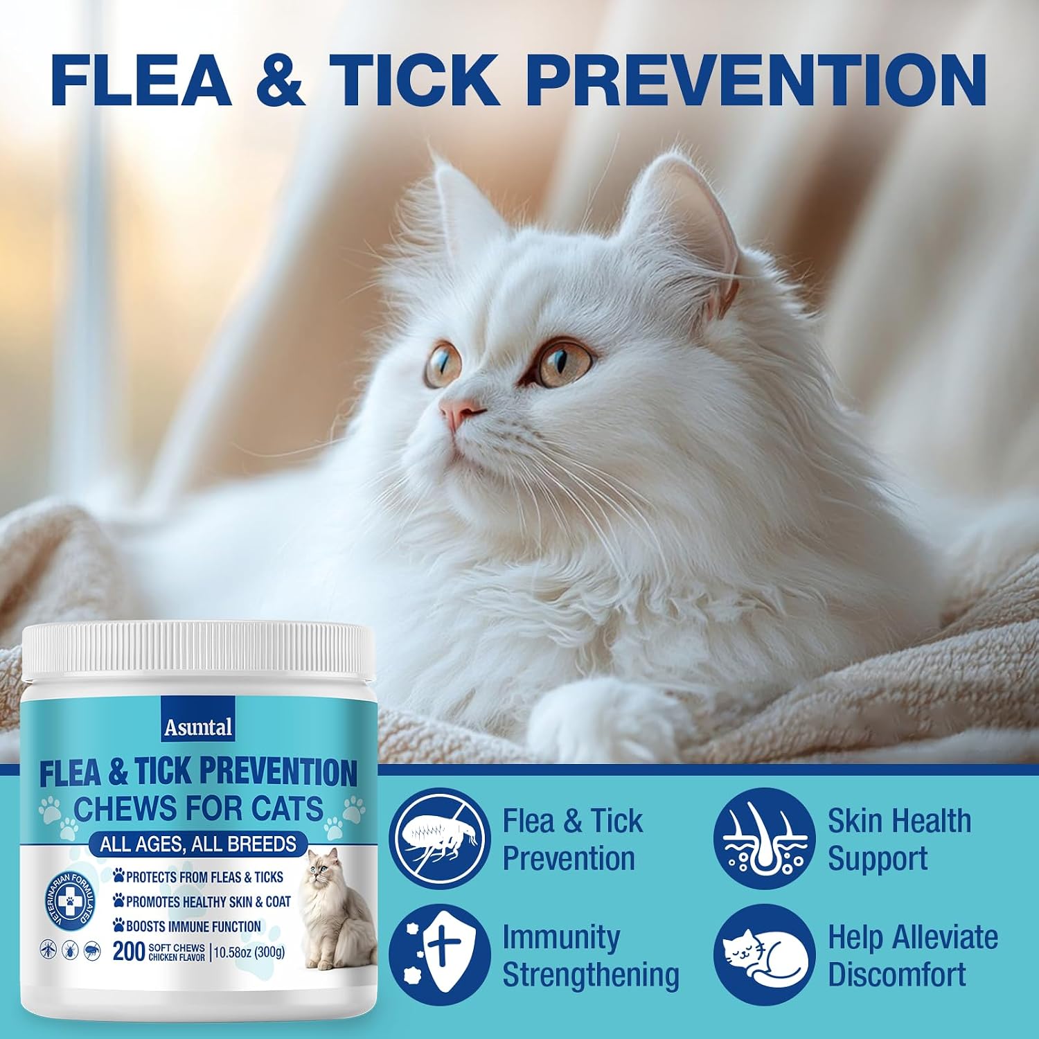 Asumtal natural oral cat flea treatment supplement jar showing kitten and adult cat care packaging