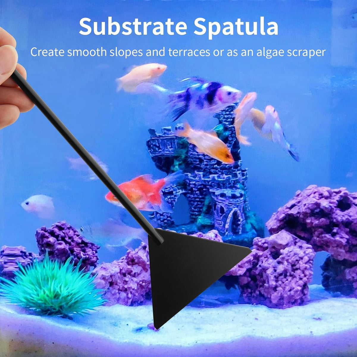 Curved stainless steel aquarium scissors executing clean trims on underwater greenery