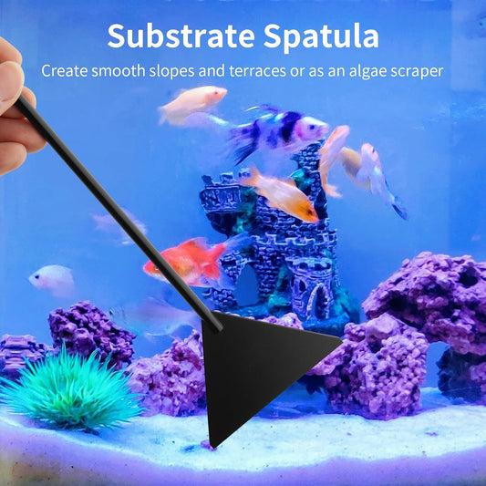 Curved stainless steel aquarium scissors executing clean trims on underwater greenery