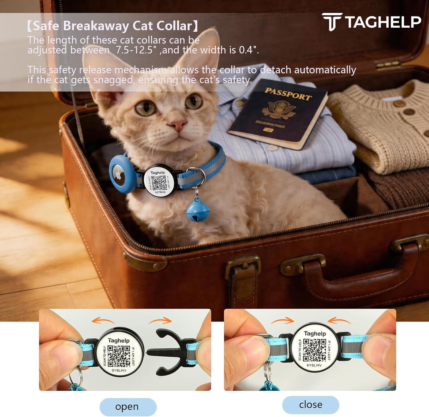 Taghelp anti-lost pet tracking collar displaying smart QR code name tag.