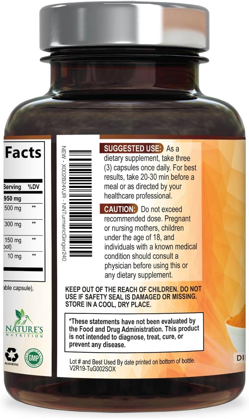 Turmeric Curcumin Supplement - 95% Curcuminoids with Organic Turmeric & Ginger, BioPerine Black Pepper Extract for Best Absorption, Natural Vegan Joint Support, Non-GMO, Bottled in USA - 240 Capsules - Image 8