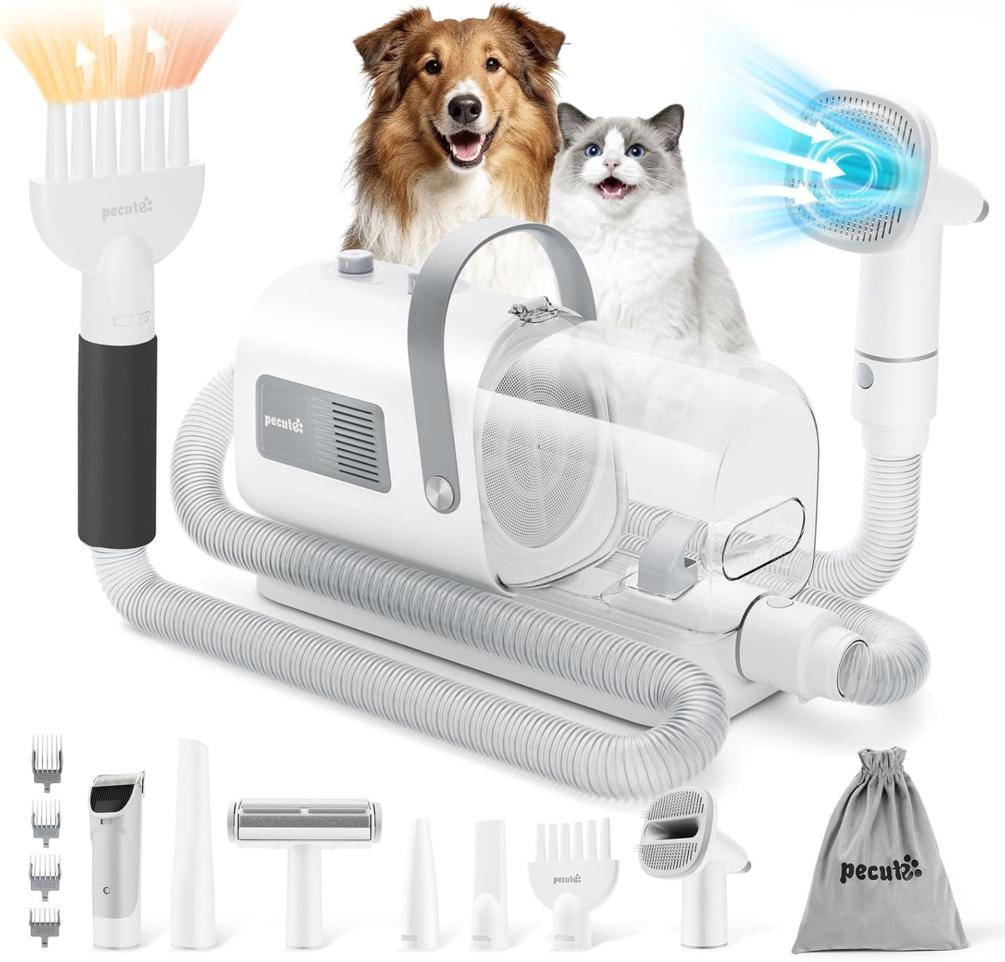 Pecute 7-in-1 dog grooming vacuum and dryer kit front view showcasing the main canister unit and hose