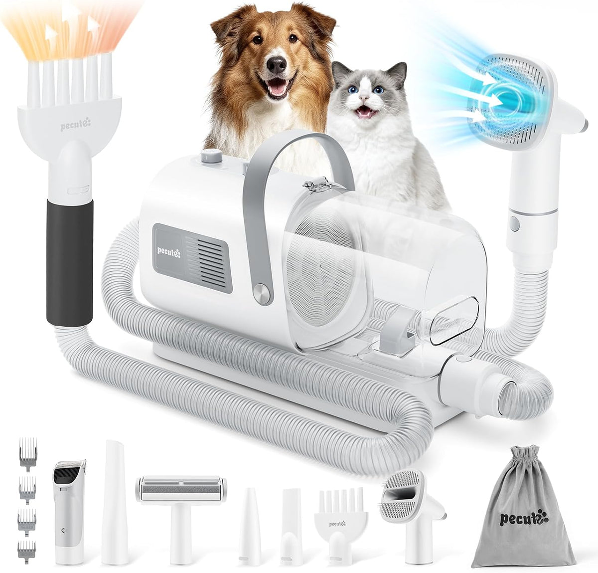 Pecute 7-in-1 dog grooming vacuum and dryer kit front view showcasing the main canister unit and hose