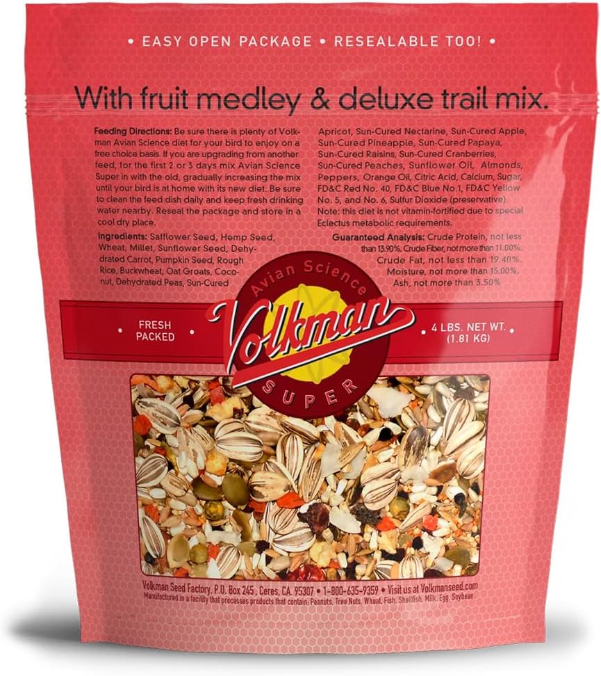 Close up of Volkman Eclectus parrot seed and fruit mix texture