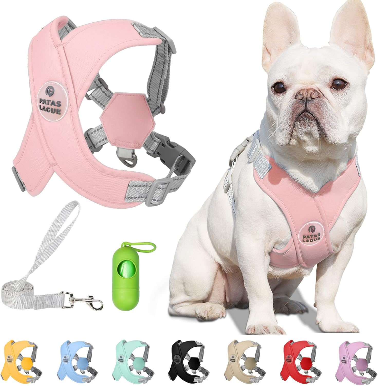 Patas Lague dog harness with leash set front view pink adjustable step in vest