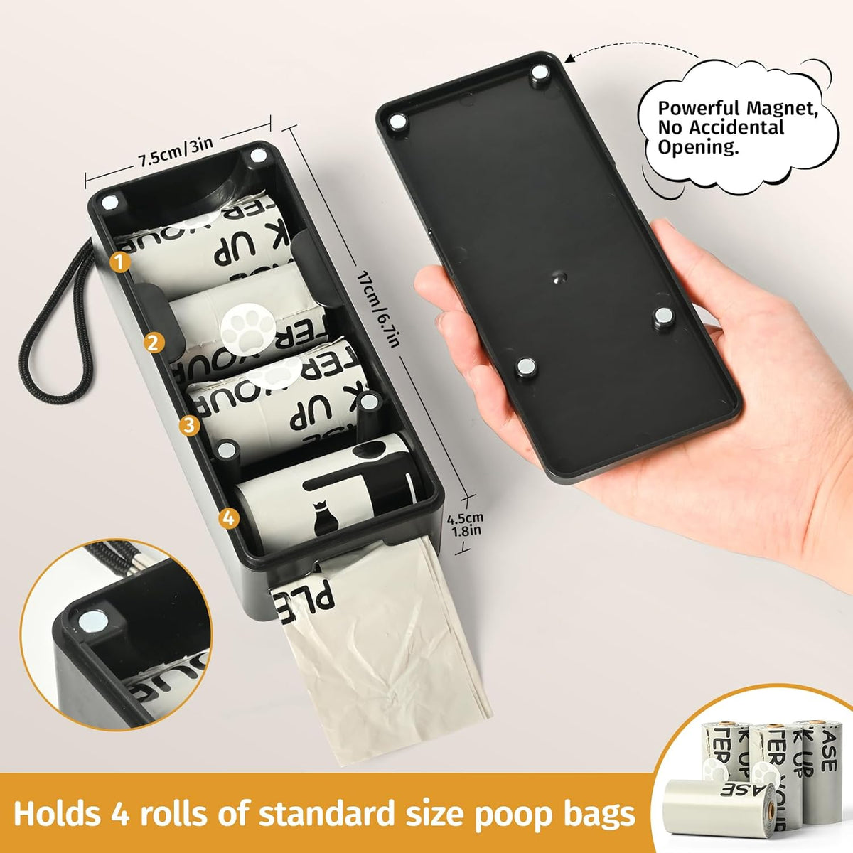 Minimalist black doggy poop holder showcasing its durable construction against outdoor elements.